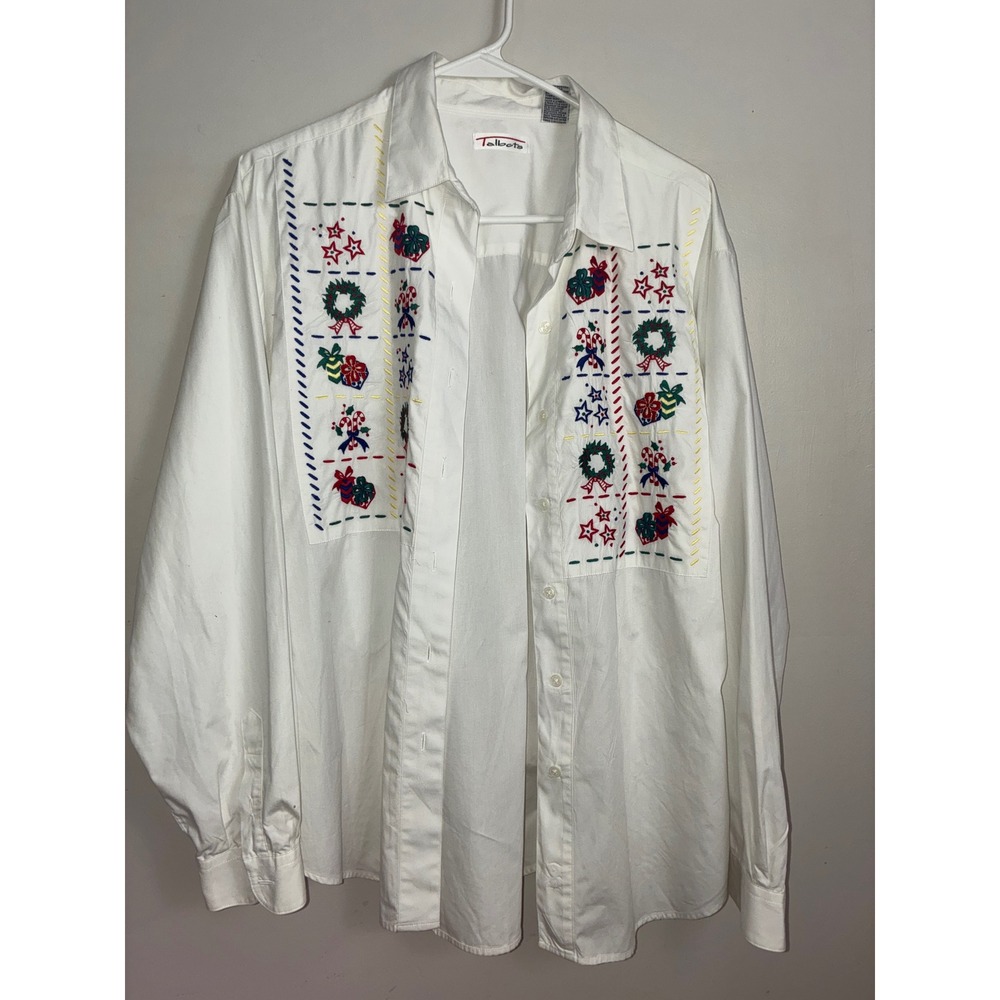 Talbots Button Down Shirt Women Large White Christmas Holiday Embroidered Cotton